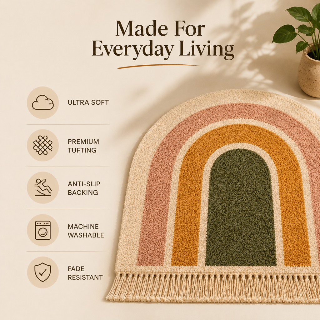 Rainbow Arch Tufted Rug | Soft Plush Boho Bedroom Rug | Premium Scandinavian Home Decor