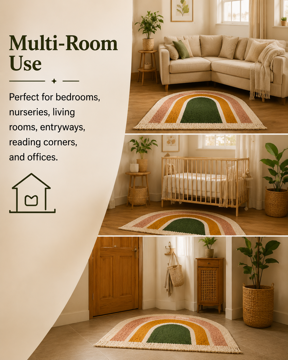 Lifestyle collage showing the rug in a bedroom, living room, nursery, entryway, and reading nook.