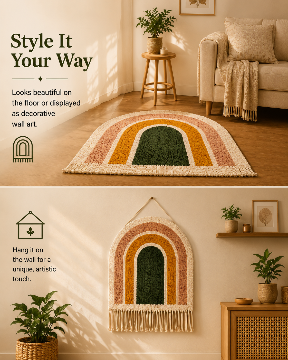 Split scene showing the rug on the floor and elegantly hung as wall décor.
