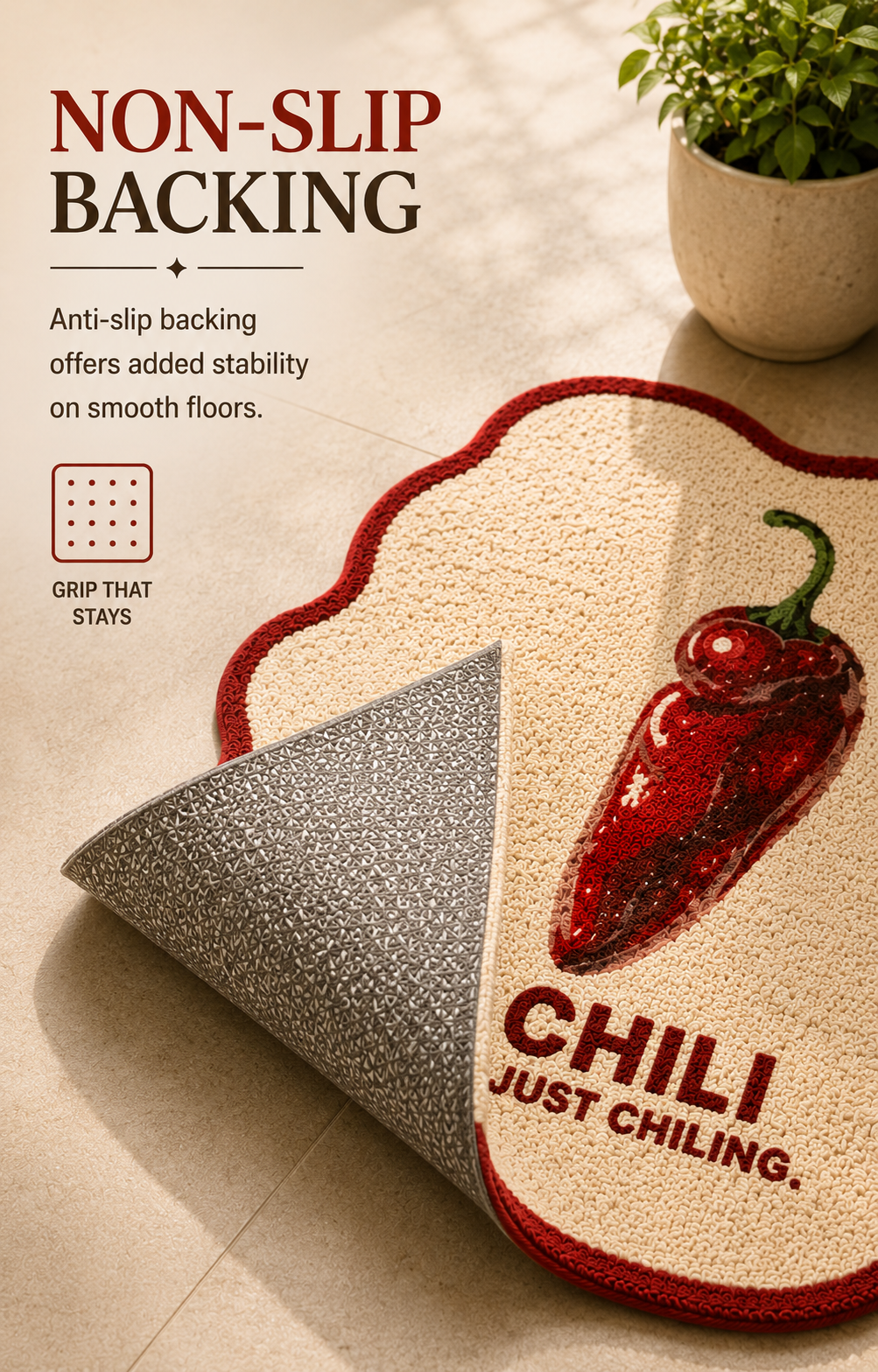 Anti-slip backing offers added stability on smooth floors.