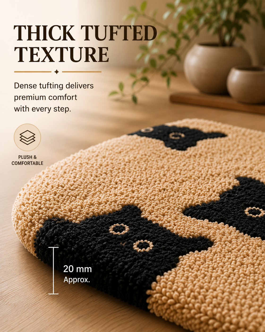 Dense tufting delivers premium comfort with every step.