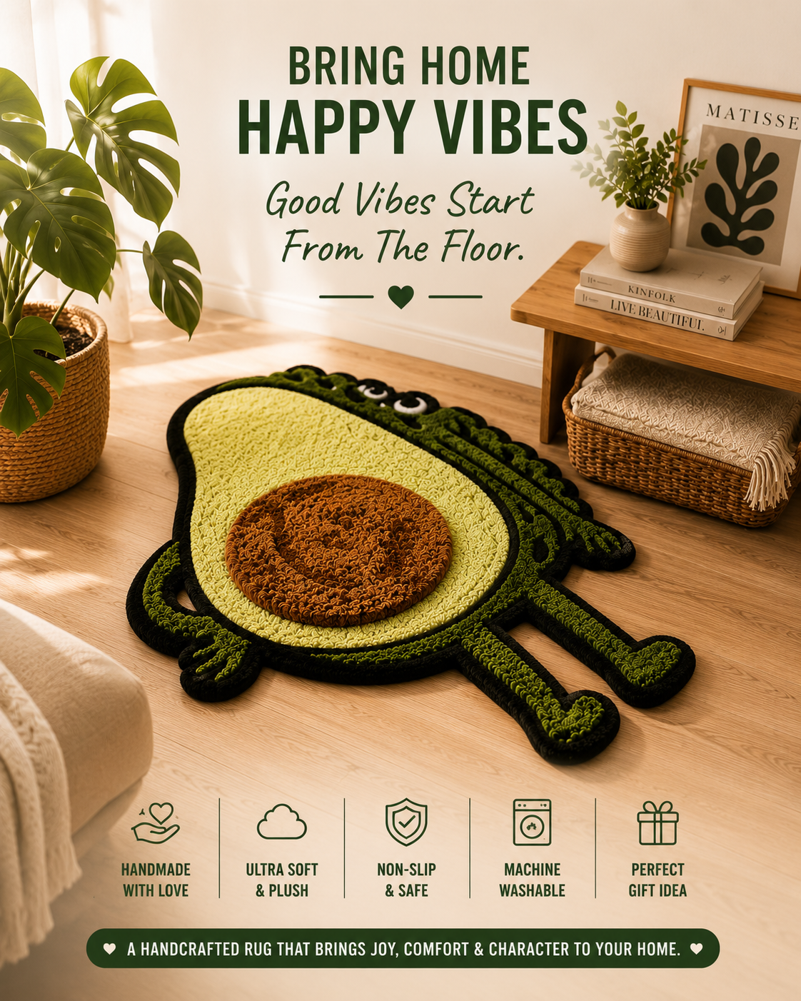 A handcrafted rug that combines comfort, creativity, and playful design.