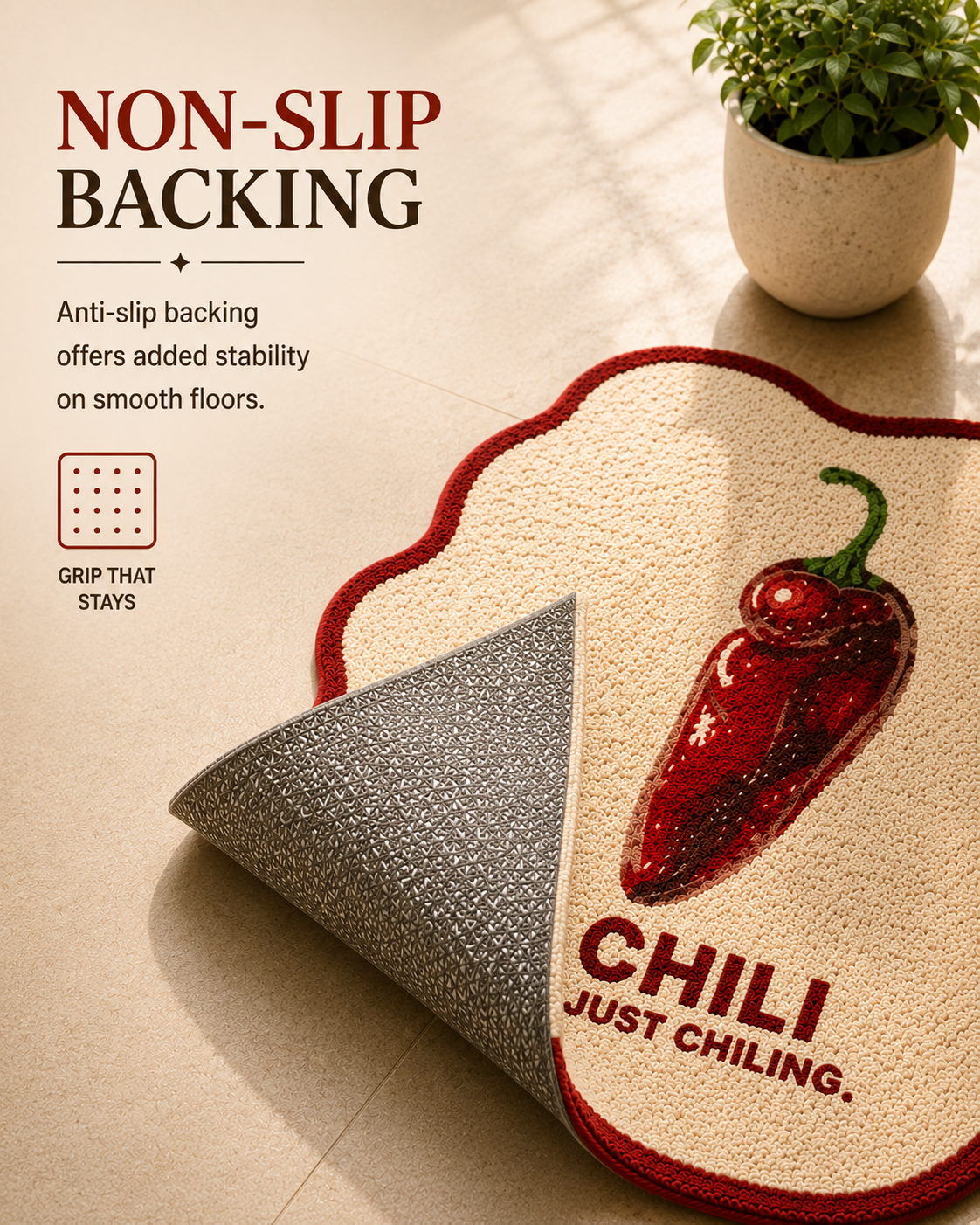 Anti-slip backing offers added stability on smooth floors.