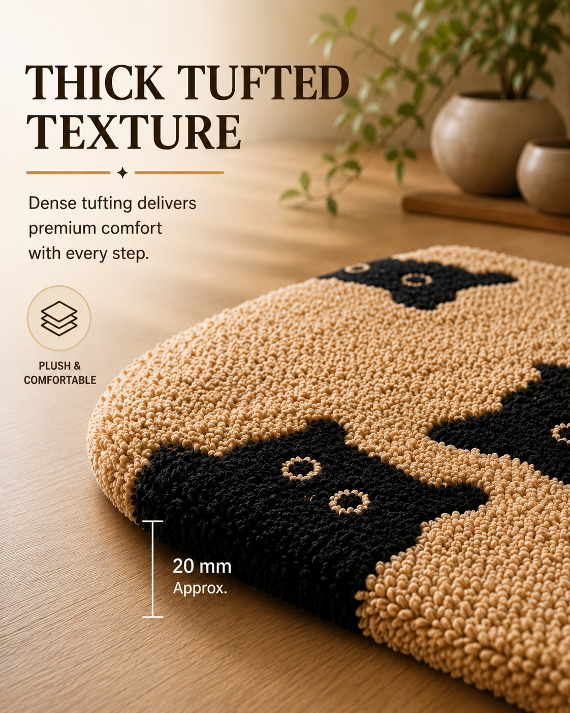 Dense tufting delivers premium comfort with every step.