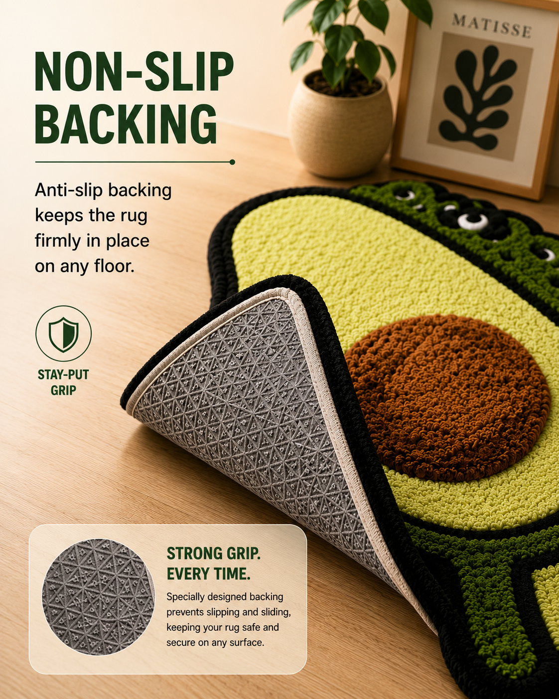 Anti-slip backing helps the rug stay firmly in place.