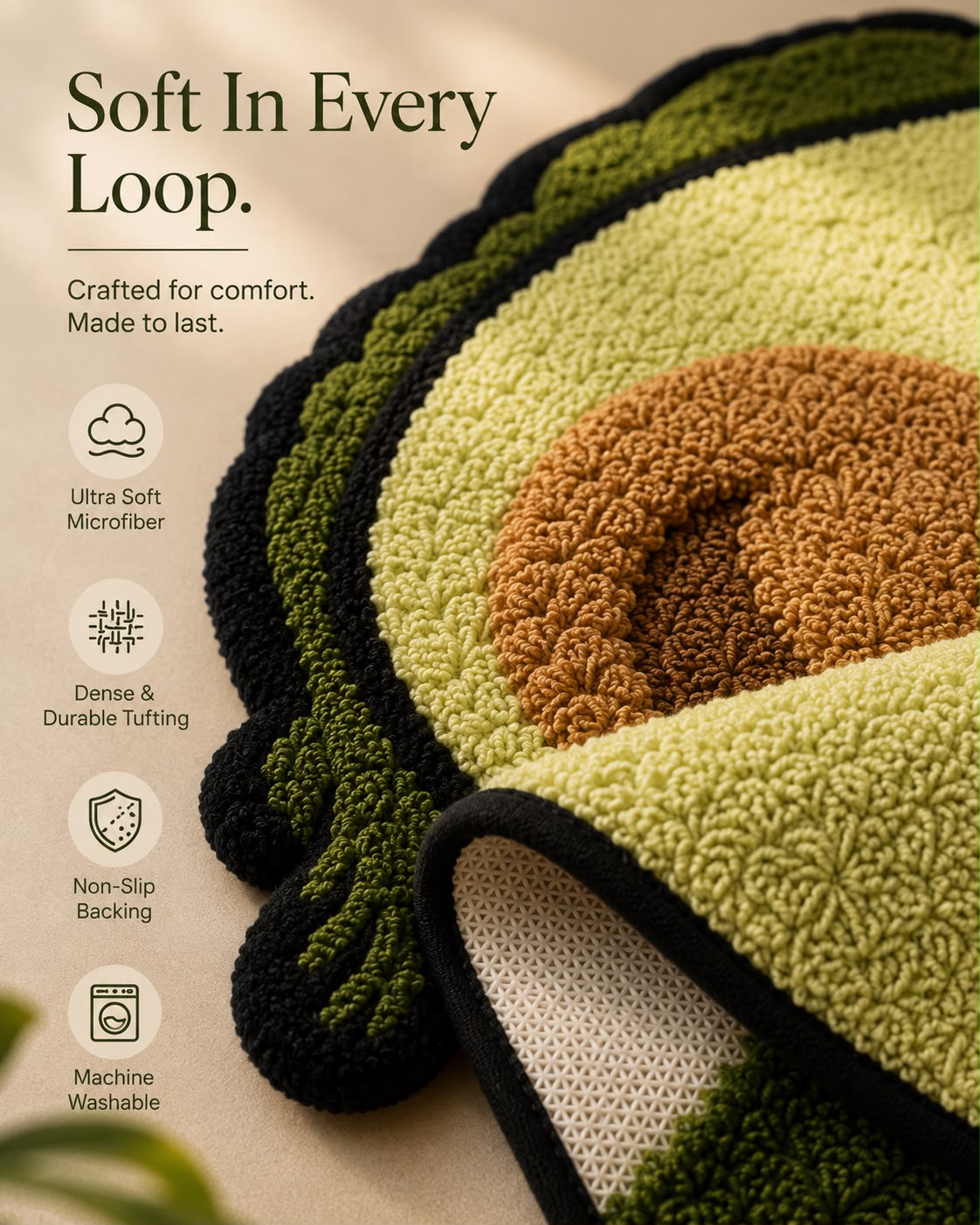 Avocado Tufted Rug | Cute Plush Cartoon Floor Mat | Soft Play Rug for Kids & Modern Homes