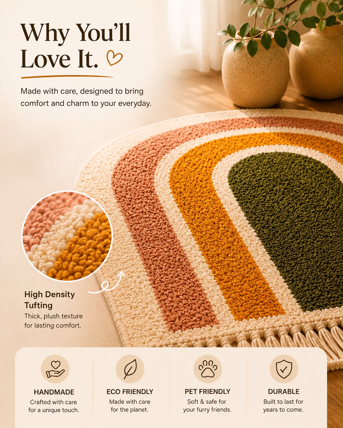 Rainbow Arch Tufted Rug | Soft Plush Boho Bedroom Rug | Premium Scandinavian Home Decor